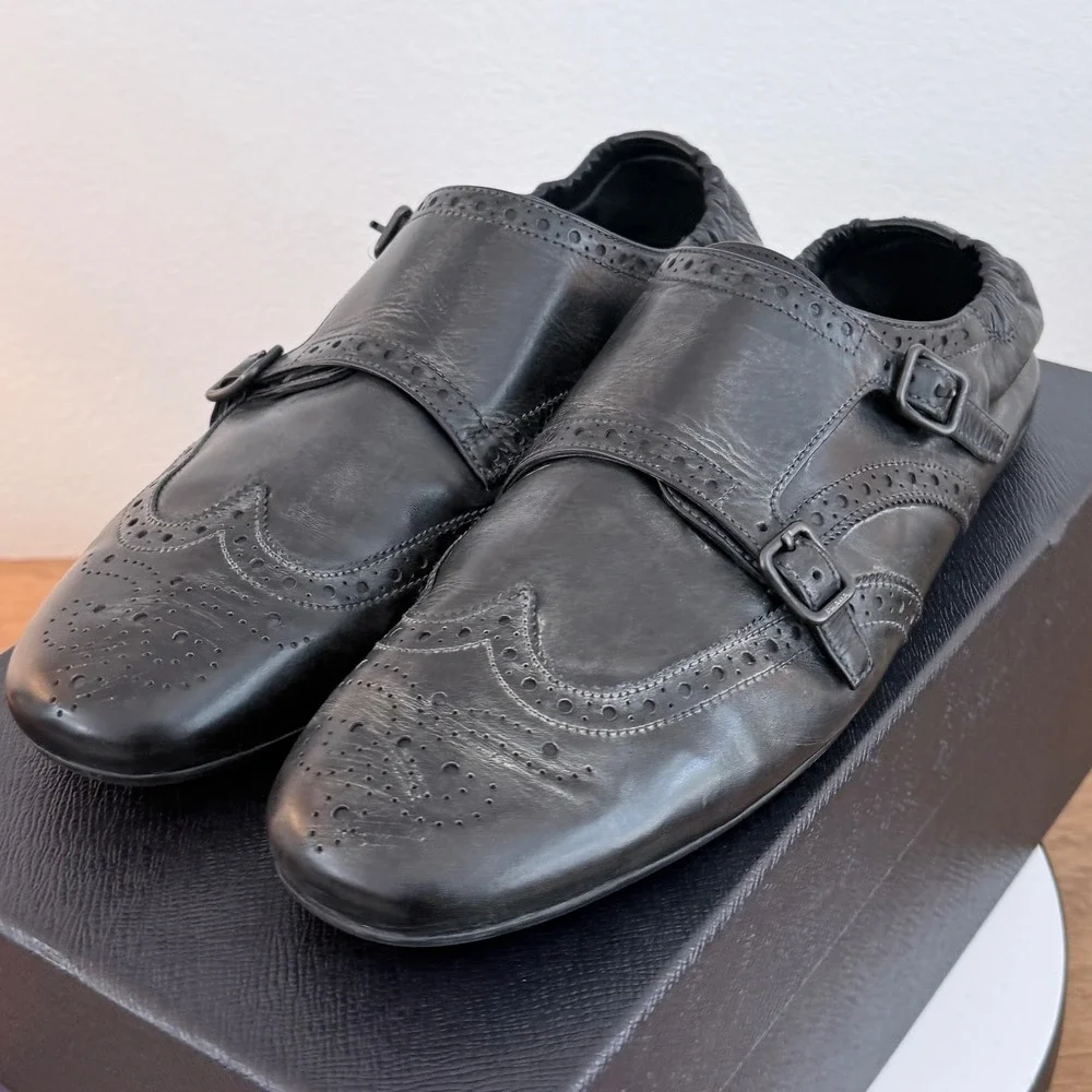 Prada 2EG469 Mens Leather Double Monk Strap Wingtip Shoes Grey Black UK 8